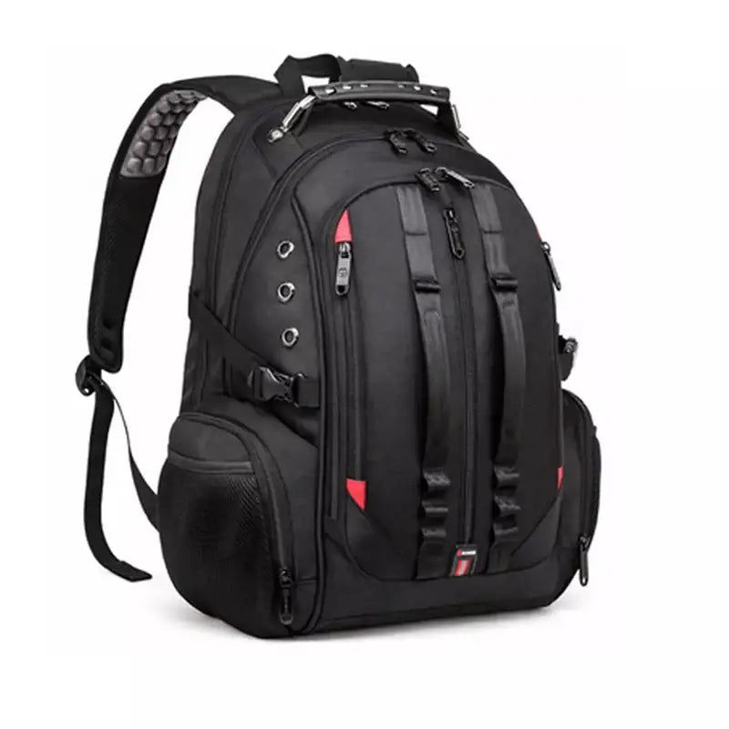 Sac à dos homme de ville noir à plusieurs compartiments avec accents rouges et bretelles rembourrées
