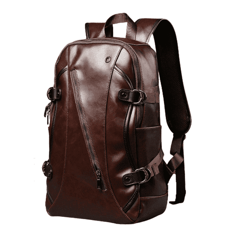 Sac à dos homme en cuir en cuir marron foncé avec zippers, boucles et bretelles ajustables