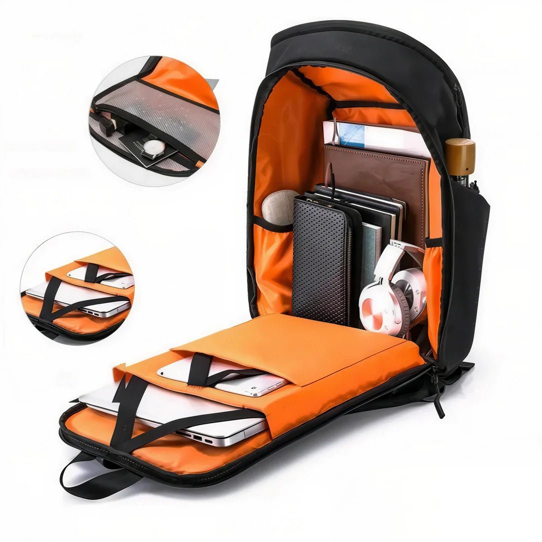 Sac à dos imperméable ordinateur 16-17 pouces avec intérieur orange et multiples compartiments