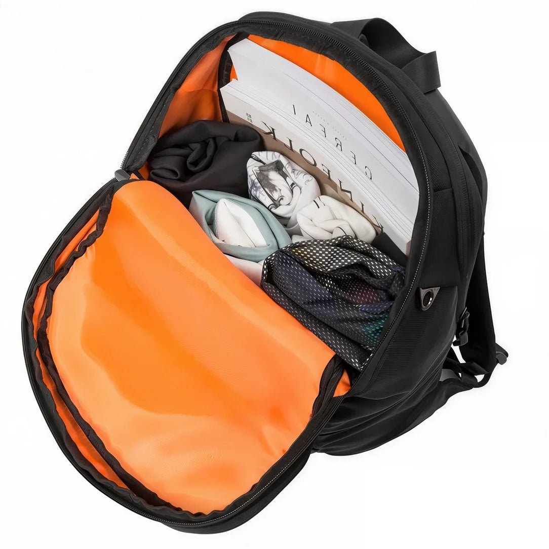 Sac à dos imperméable ordinateur 16-17 pouces noir avec intérieur orange, vêtements et livre