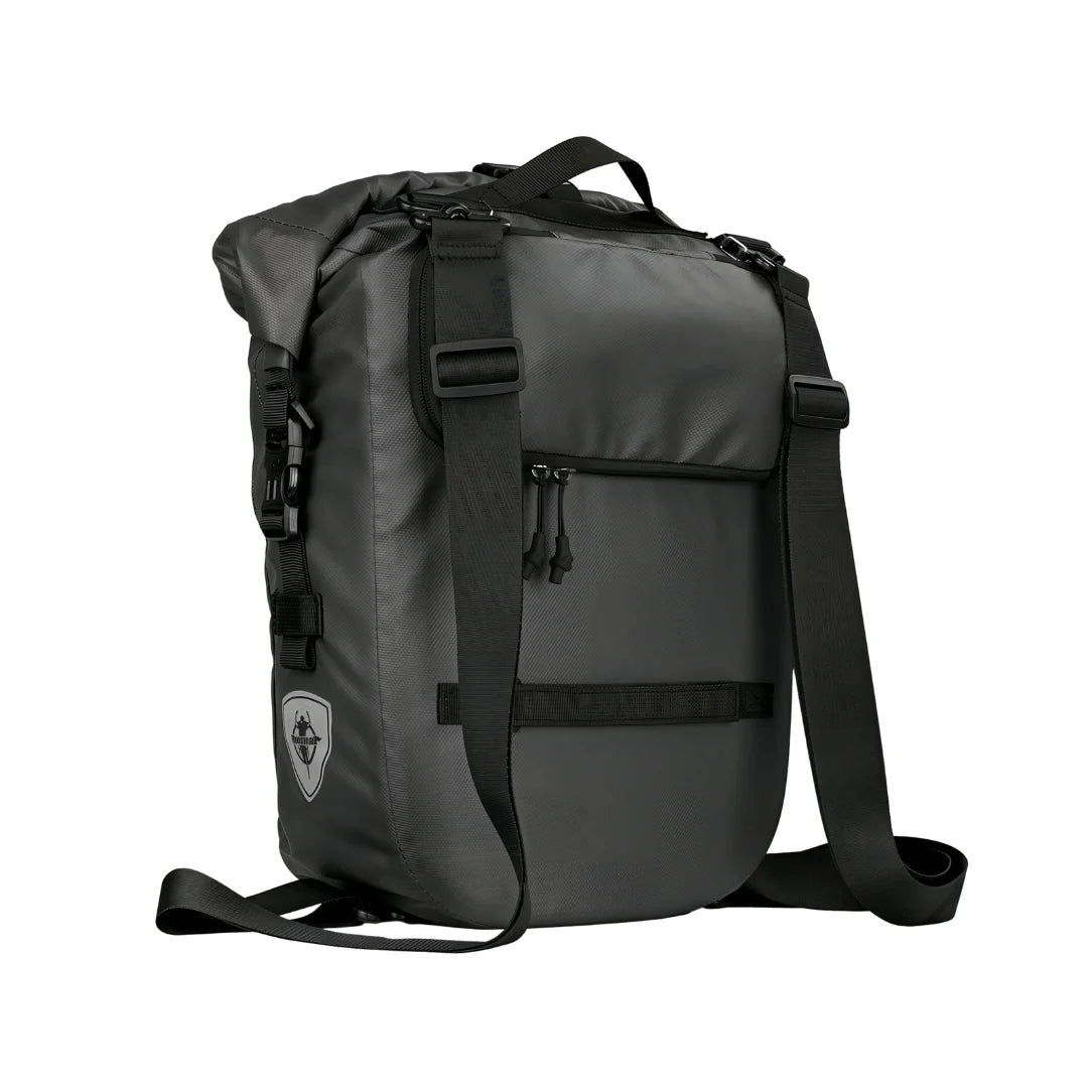 Sac à dos imperméable vélo gris foncé avec sangles noires et fermeture roll-top