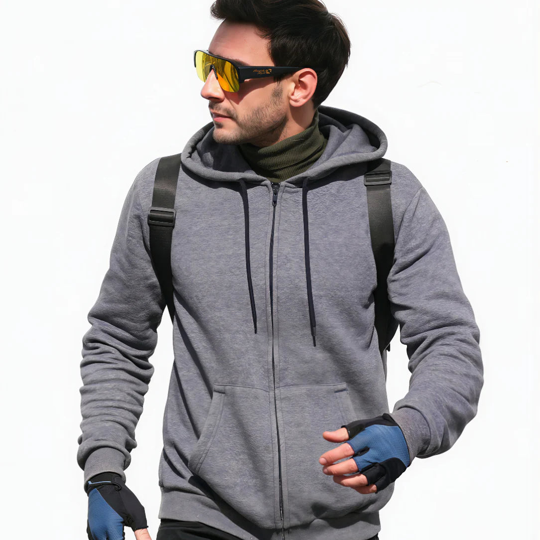 Sweat à capuche gris avec cordons noirs et poches avant