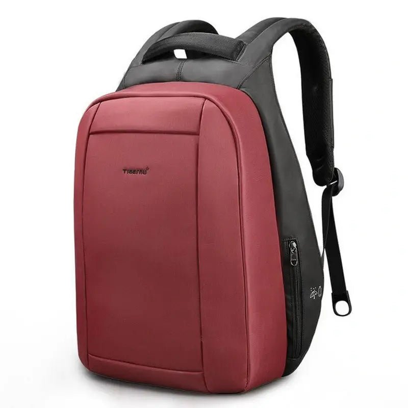 Sac à dos informatique rouge et noir anti-vol avec poche zippée latérale