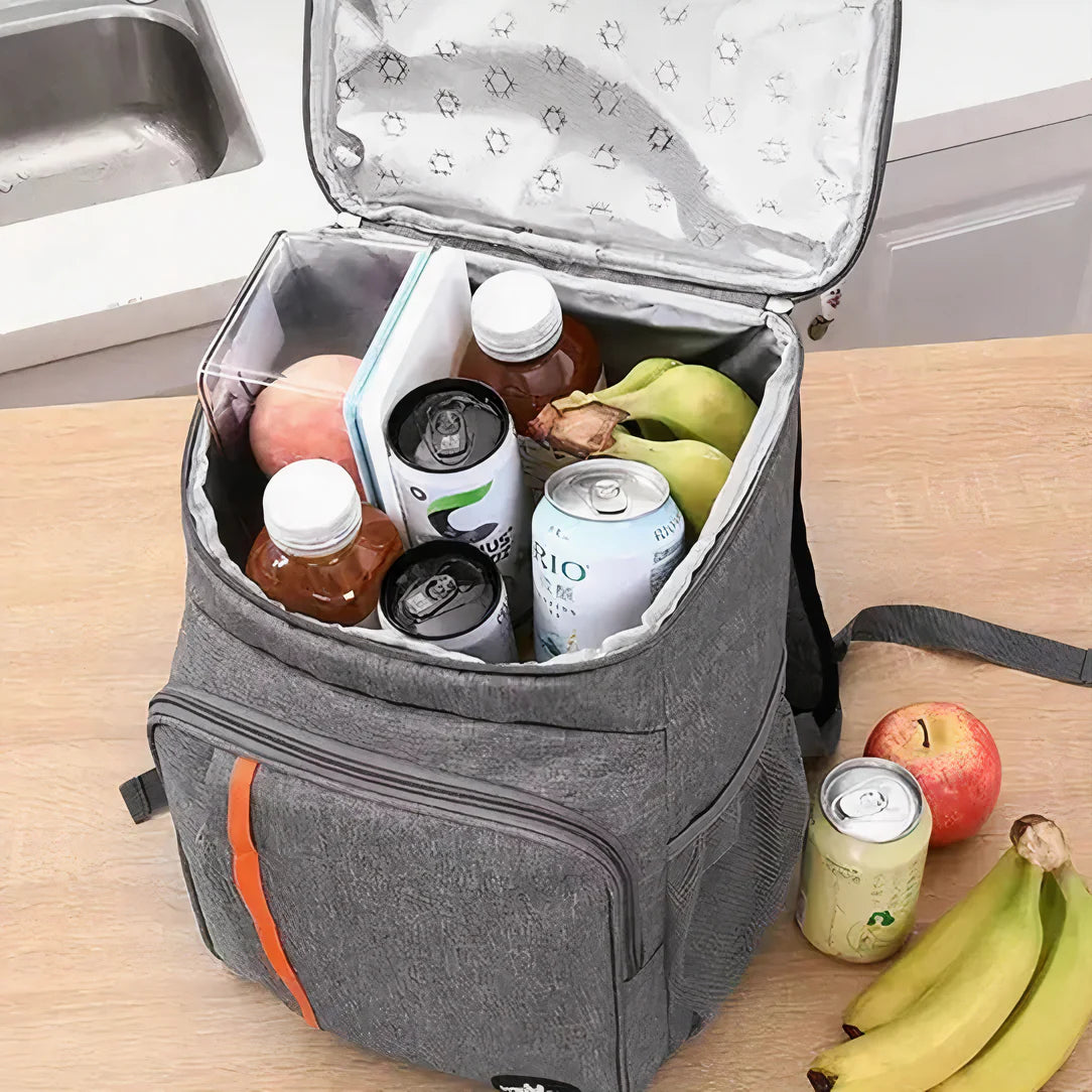 Sac à dos isotherme 20 litres gris avec compartiments isolés et contenu à l’intérieur