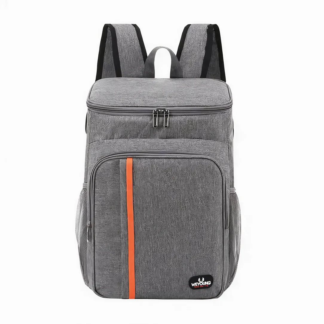 Sac à dos isotherme 20 litres gris avec bande orange et compartiment supérieur zippé