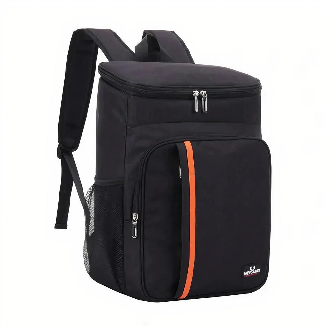 Sac à dos isotherme 20 litres noir avec une bande orange et plusieurs compartiments