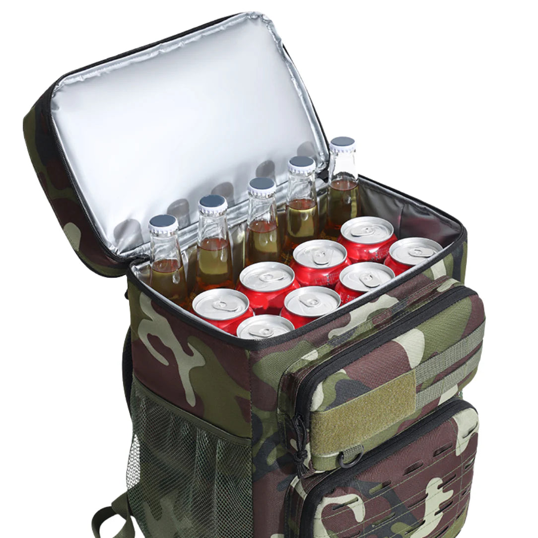 Sac à dos isotherme camouflage avec glacière isolante remplie de bouteilles et canettes