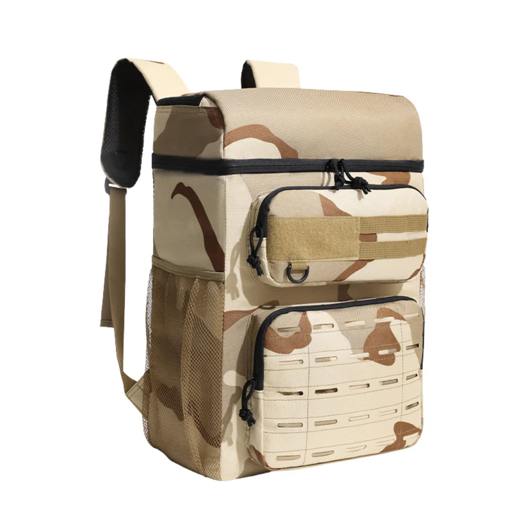 Sac à dos isotherme camouflage désert avec multiples compartiments et poches latérales en mesh