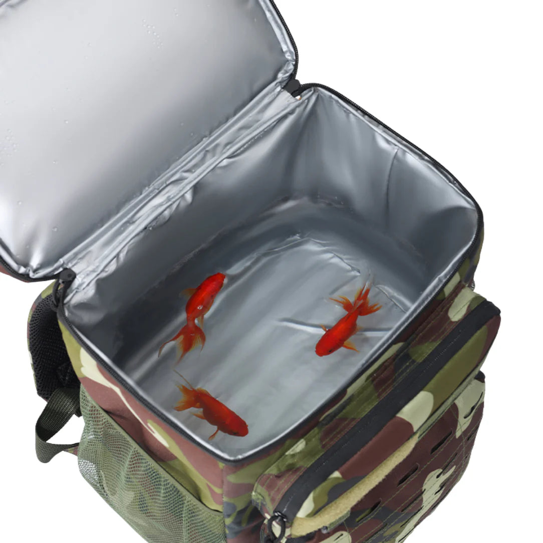 Sac à dos isotherme camouflage avec poisson rouge à l’intérieur, idéal pour la pêche