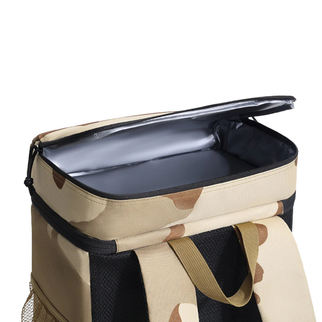 Sac à dos isotherme camouflage avec cooler ouvert et doublure isolante