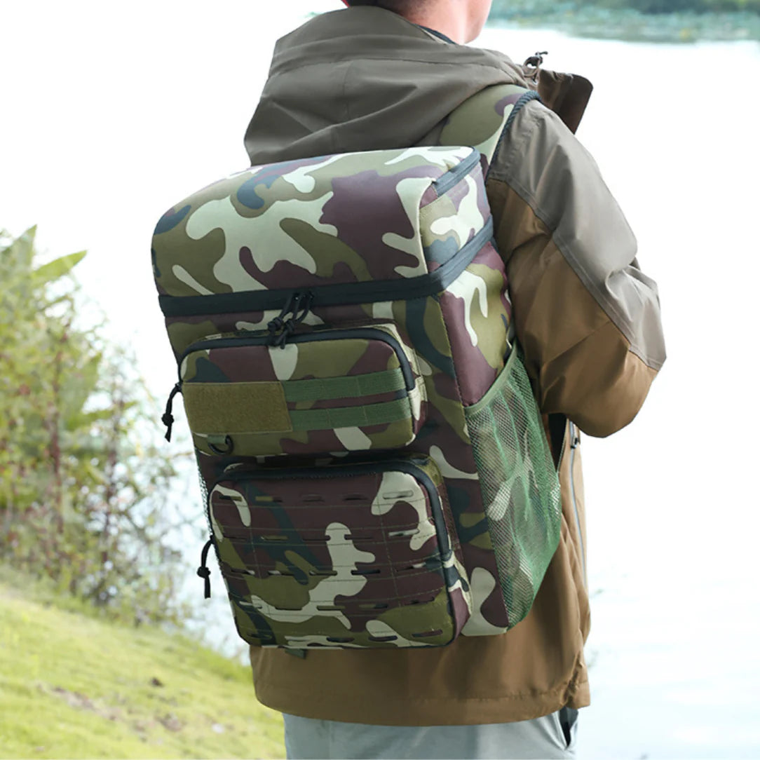 Sac à dos isotherme camouflage avec multiples poches et poches en mesh latérales