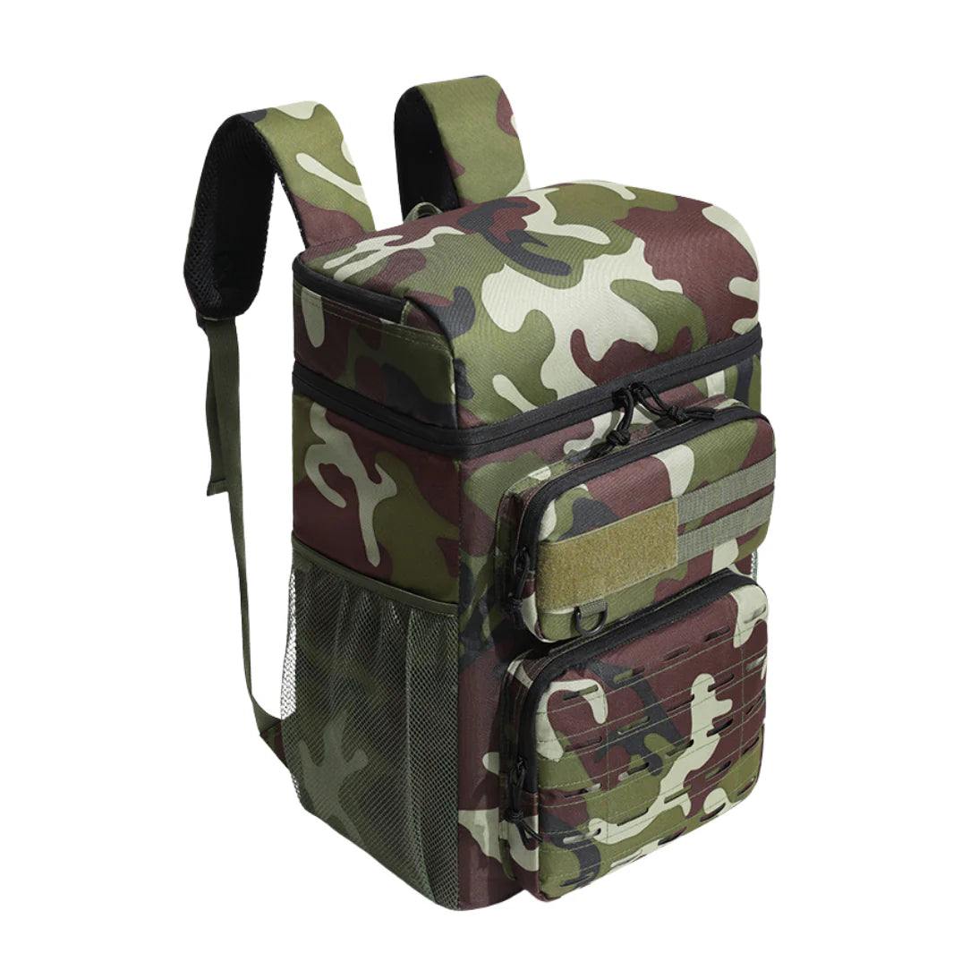 Sac à dos isotherme camouflage tactique avec plusieurs compartiments et poche latérale en maille