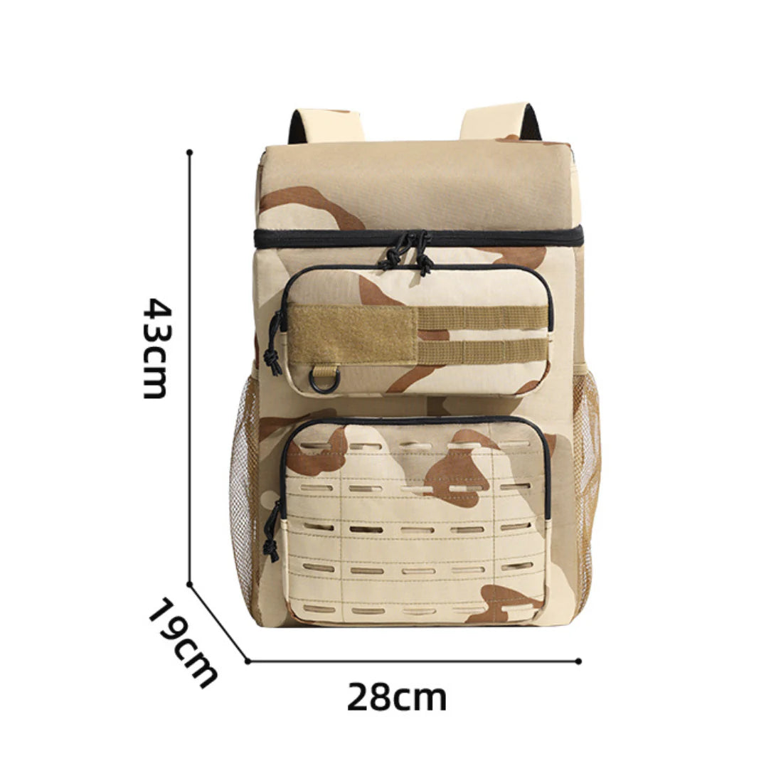 Sac à dos isotherme camouflage tactique avec compartiments, webbing MOLLE et poches en mesh