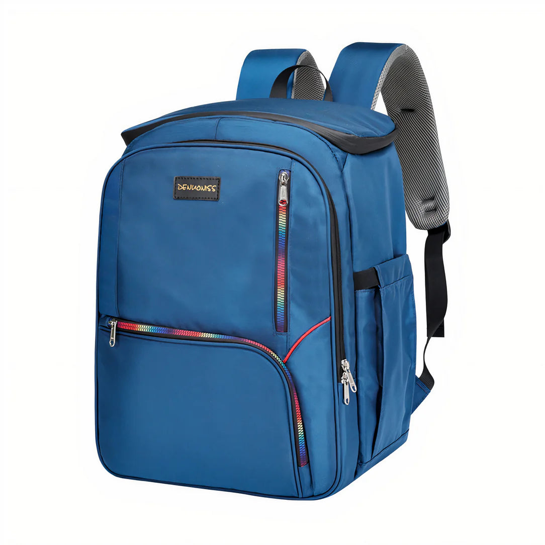 Sac à dos isotherme de picnic multipoches 25L avec tissu bleu et zippers arc-en-ciel