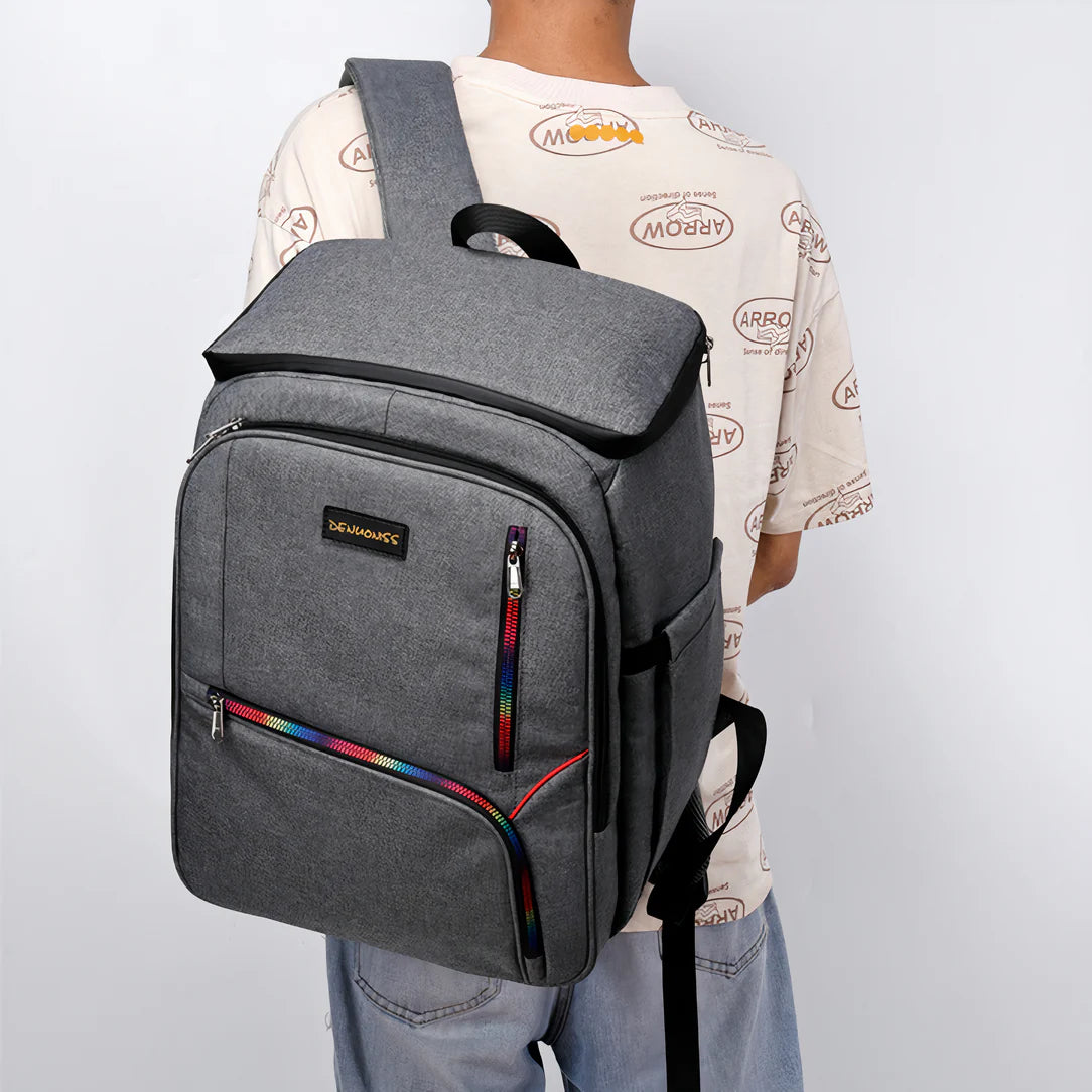 Sac à dos isotherme de picnic multipoches 25L gris avec trim arc-en-ciel et plusieurs compartiments