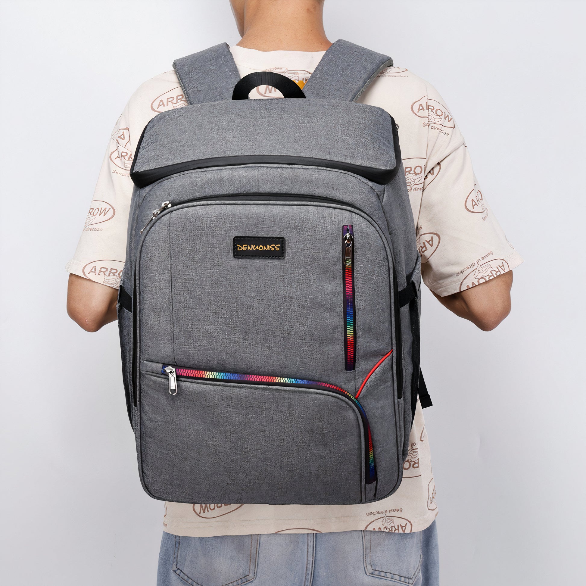 Sac à dos isotherme de picnic multipoches 25L gris avec multiples compartiments et zippers arc-en-ciel