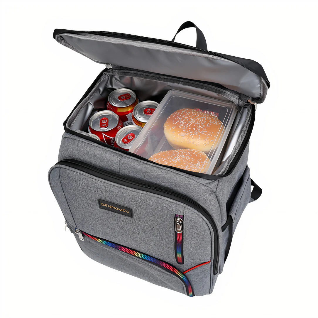 Sac à dos isotherme de picnic multipoches 25L gris avec compartiment principal et poche avant zippée rainbow