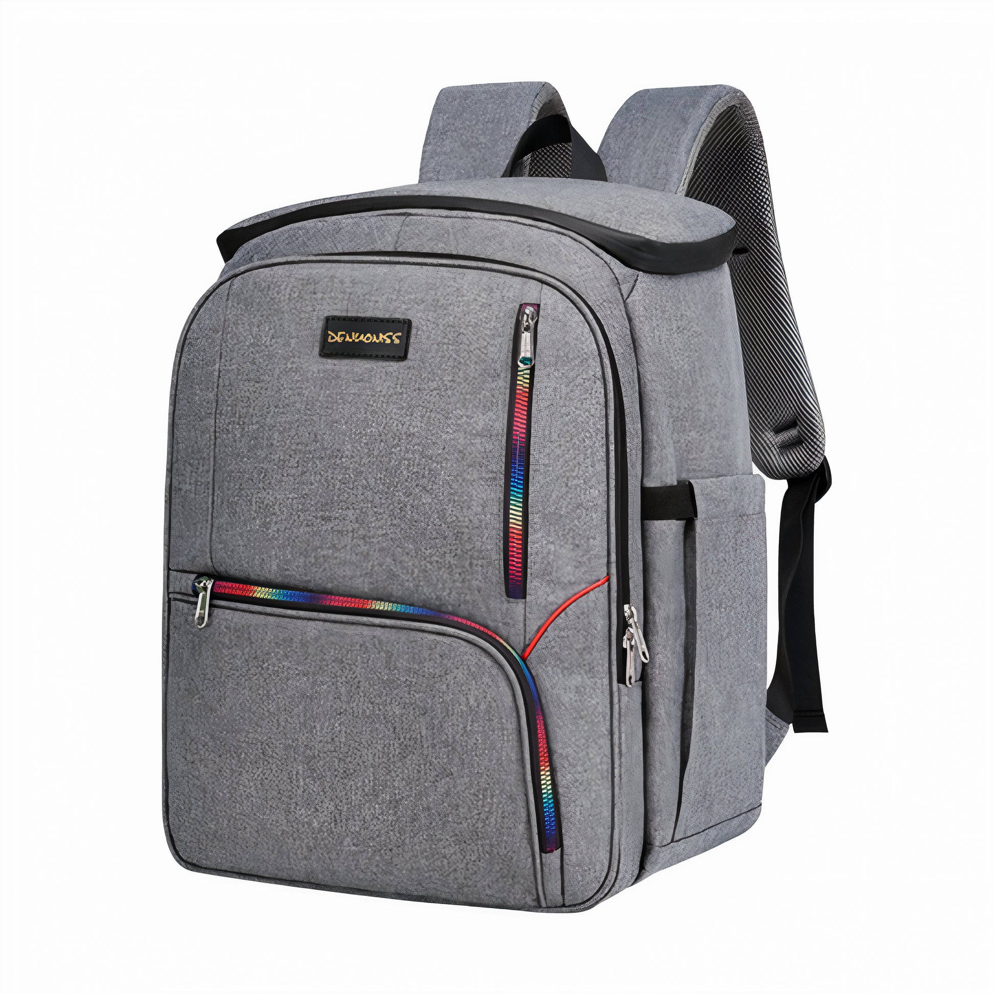 Sac à dos isotherme de picnic multipoches 25L en tissu gris avec zippers arc-en-ciel