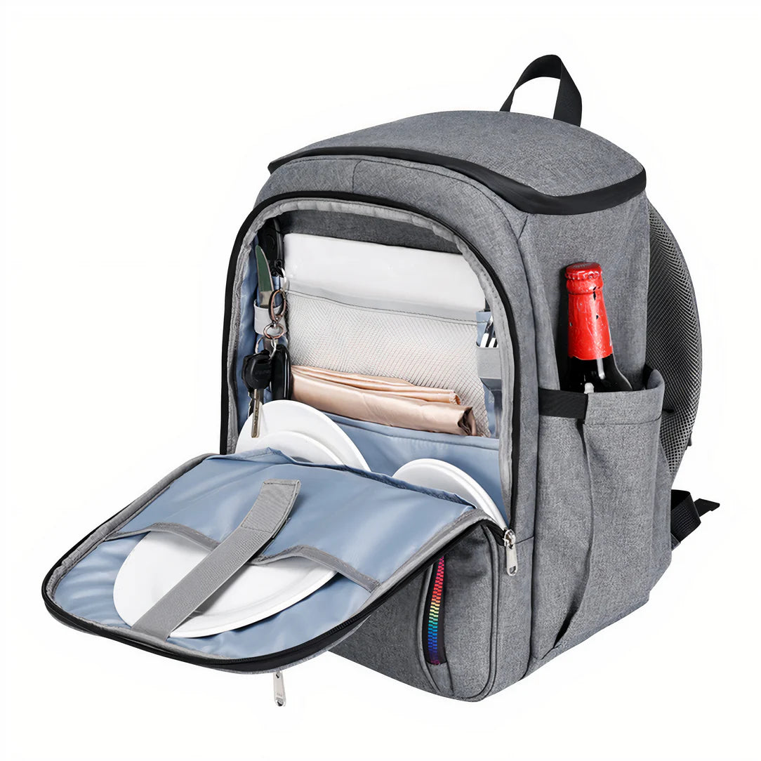 Sac à dos isotherme de picnic multipoches 25L ouvert avec contenu gris