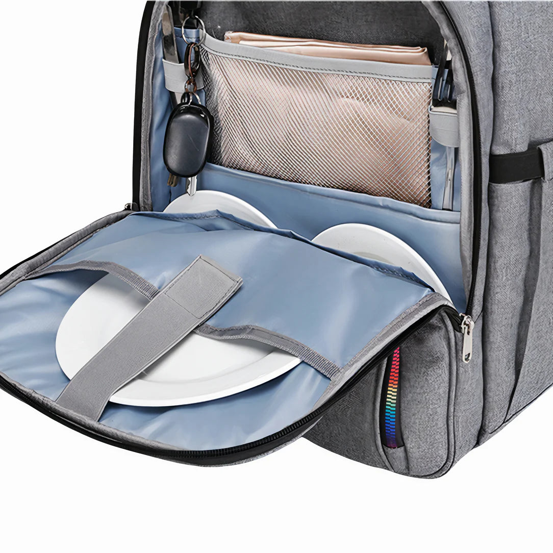 Sac à dos isotherme de picnic multipoches 25L avec sac à dos gris et accessoires blancs