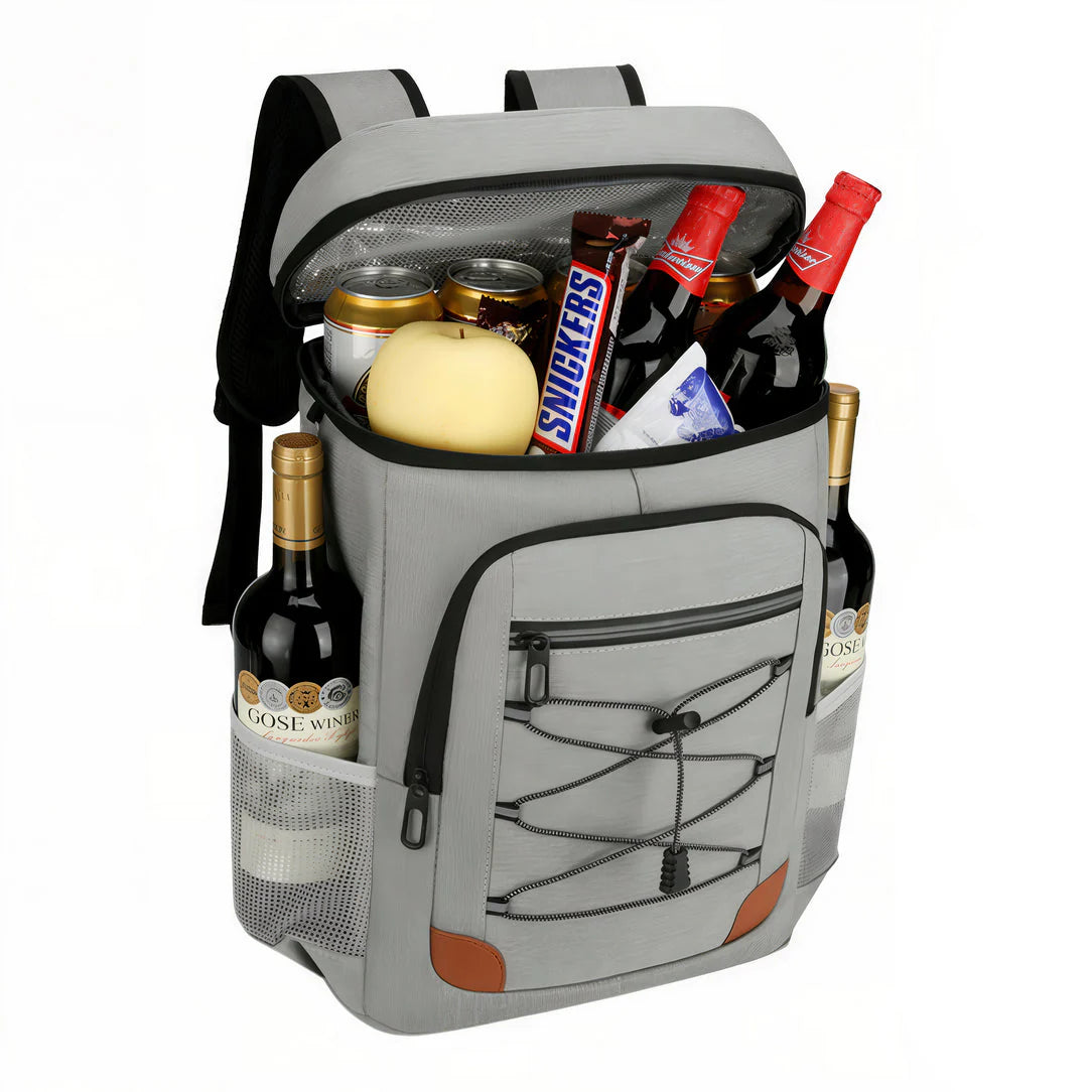 Sac à dos isotherme de randonnée 25L gris avec boissons, snacks et bouteilles de vin