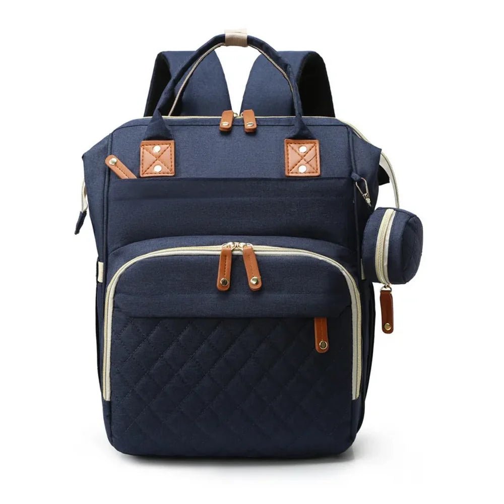 Sac à dos à langer 20L multipoches navy bleu avec accents en cuir marron