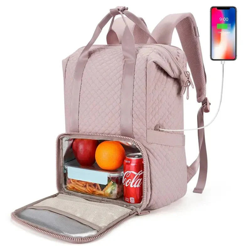 Sac à dos isotherme femme en quilté lilas avec compartiment isolé et port USB externe
