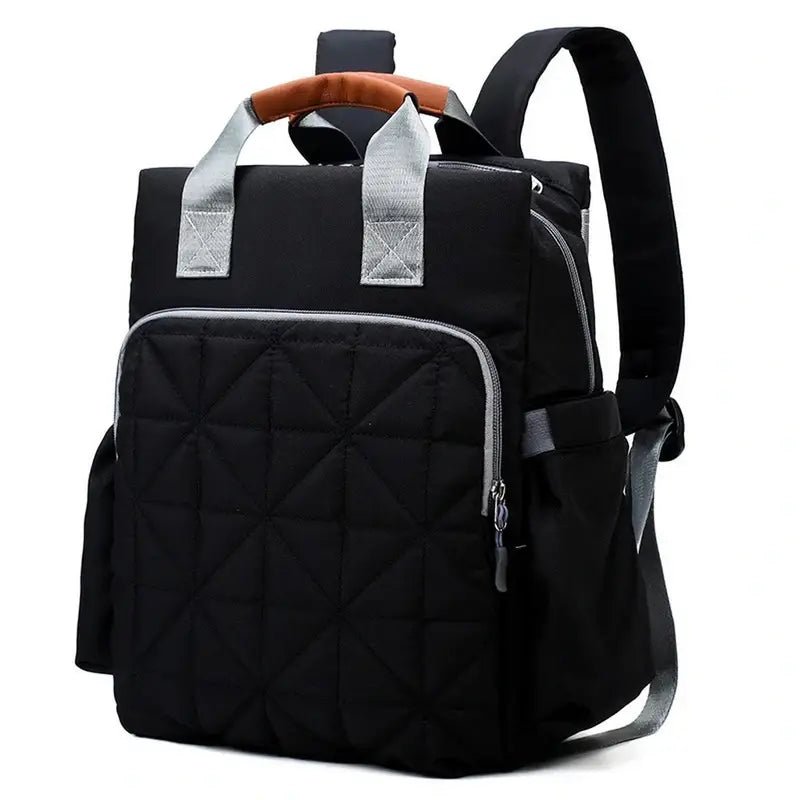 Sac à dos à langer bébé en cuir noir avec poignée marron et accents argentés