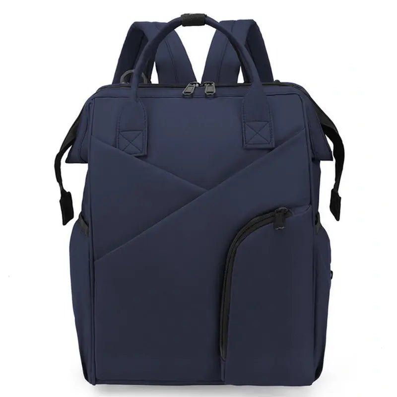 Sac à dos à langer chic en bleu foncé avec poches extérieures et zippers noirs