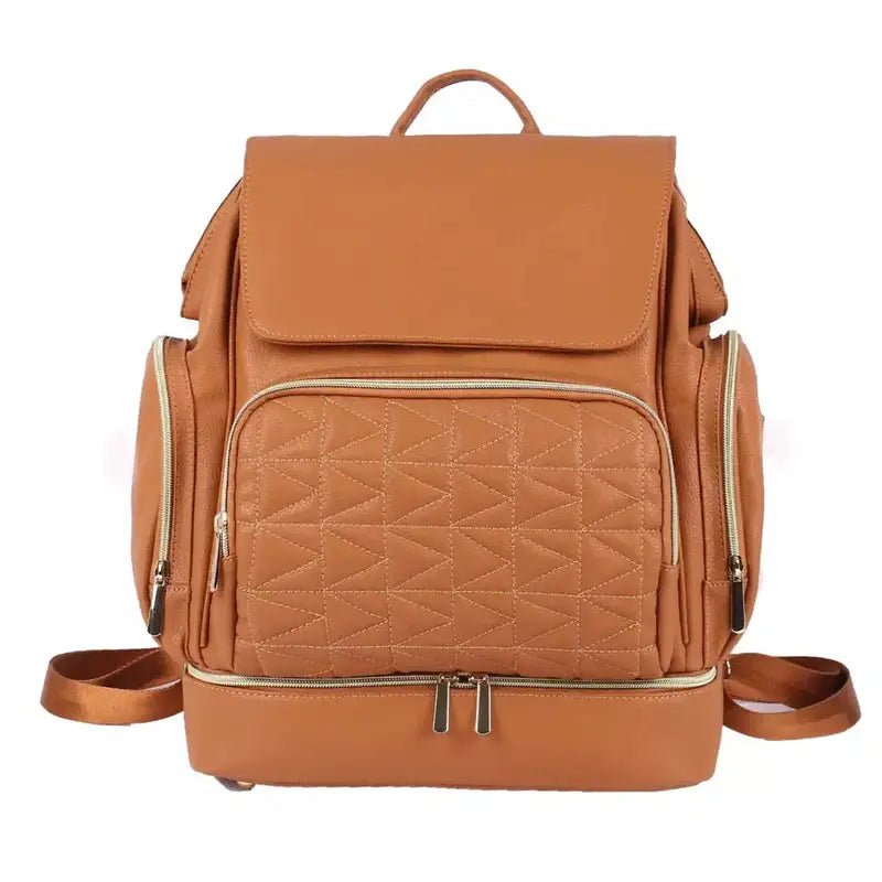 Sac à dos à langer cuir en faux cuir marron avec poche quiltée et zips dorés