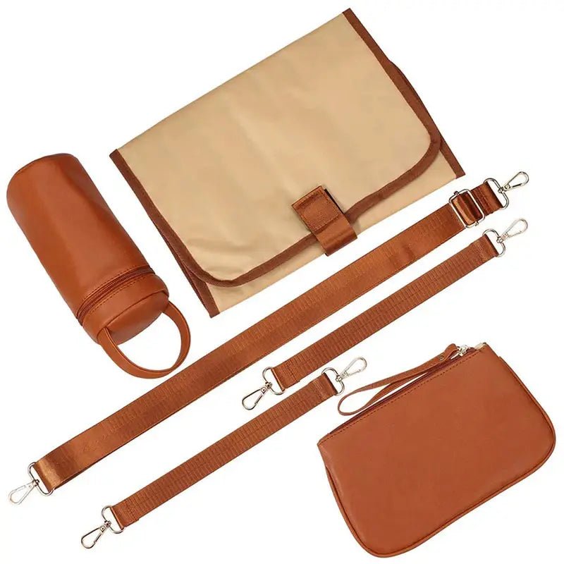 Sac à dos à langer en cuir avec sac à langer multi-piece tan et marron