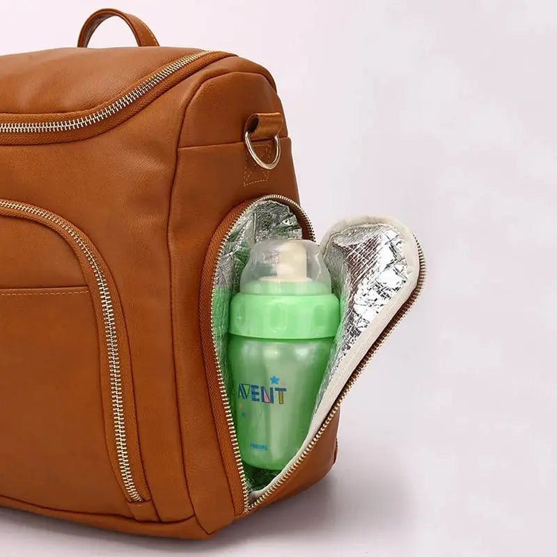 Sac à dos à langer en cuir avec poche isolée pour biberon et sac à dos en cuir marron