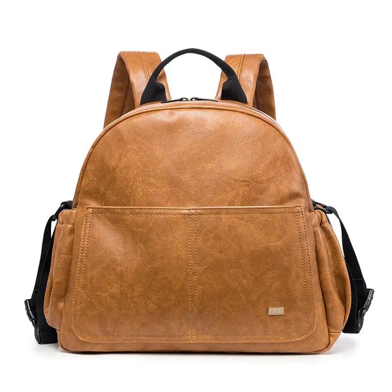 Sac à dos à langer en cuir pour bébé en faux cuir marron avec poche avant et bretelles noires