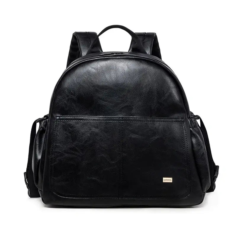 Sac à dos en cuir noir pour bébé avec poche frontale et bretelles ajustables
