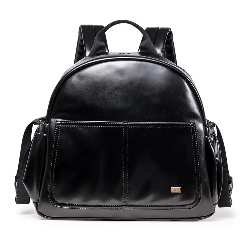 Sac à dos à langer en cuir pour bébé avec design élégant en cuir noir et poches frontales