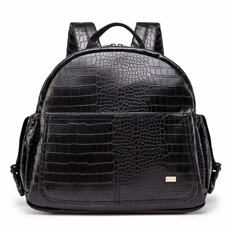 Sac à dos à langer en cuir pour bébé avec cuir faux crocodile noir et poche frontale