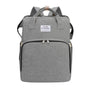 Sac à dos à langer extensible en tissu gris avec plusieurs compartiments et poignées supérieures