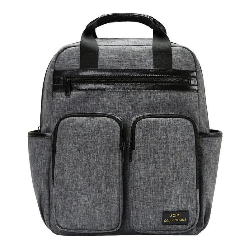 Sac à dos à langer gris en tissu avec poches noires et poignées de transport