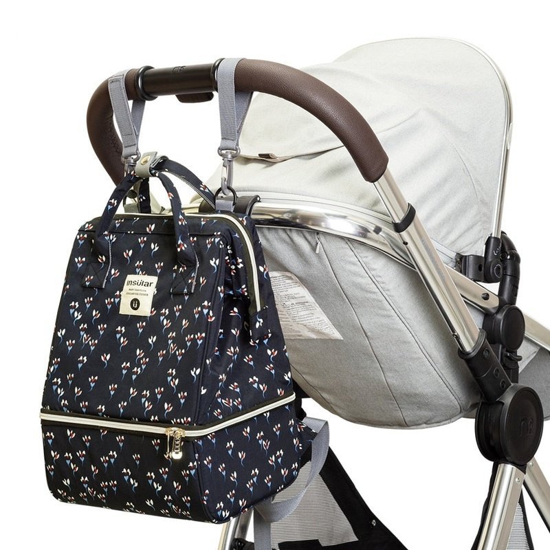 Sac à dos à langer imperméable noir avec motif floral suspendu au poussette