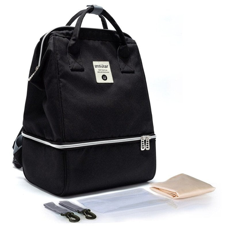 Sac à dos à langer imperméable noir avec plusieurs compartiments et double fermeture éclair