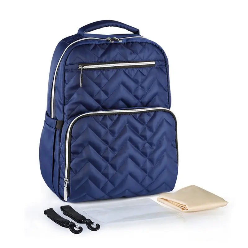 Sac à dos à langer isotherme navy blue à chevrons avec tapis de change et attaches pour poussette