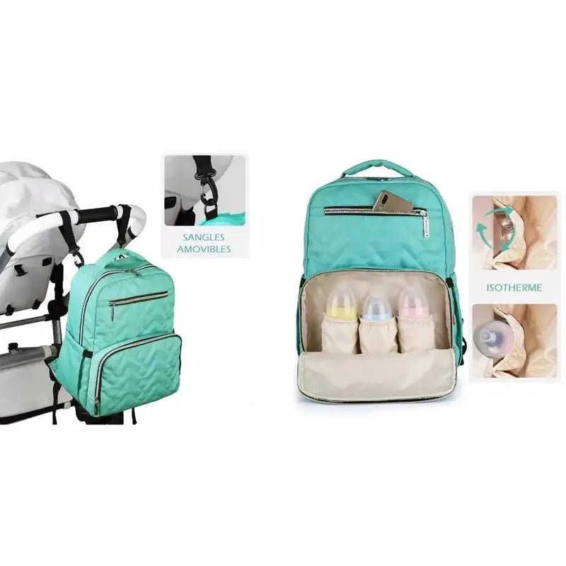 Sac à dos à langer isotherme turquoise avec compartiments, porte-bouteilles isolés et attaches pour poussette