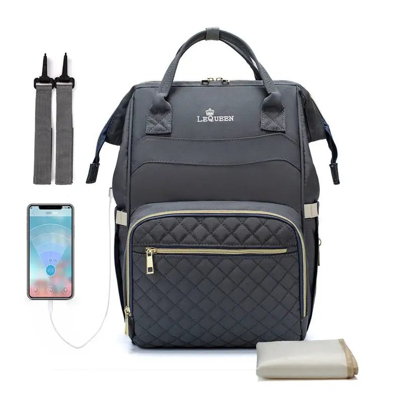 Sac à dos à langer le Queen en gris foncé avec poche matelassée et câble de chargement