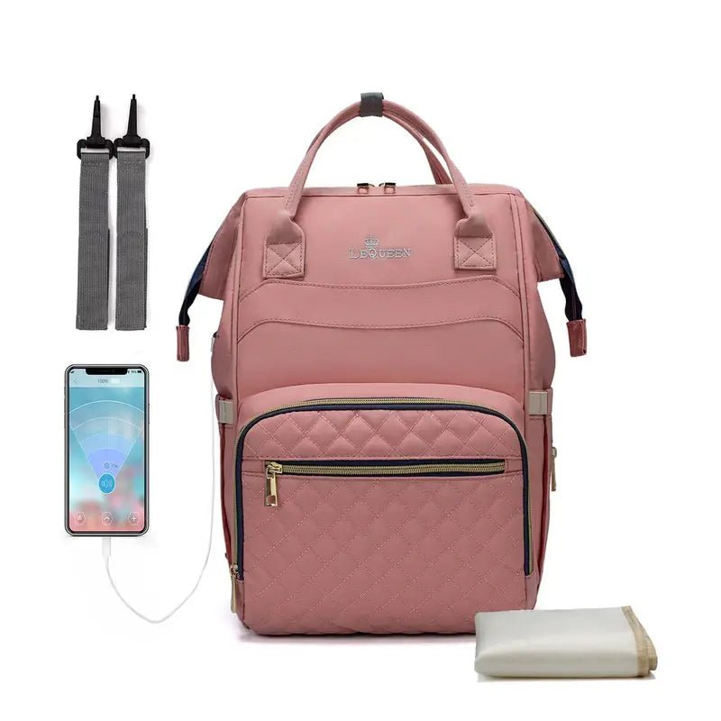 Sac à dos à langer le queen rose avec poche matelassée, poignées, bandoulière, change et câble
