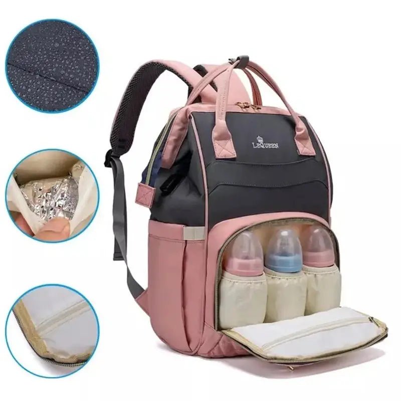 Sac à dos à langer le Queen rose et gris avec compartiments isolés et poche étanche