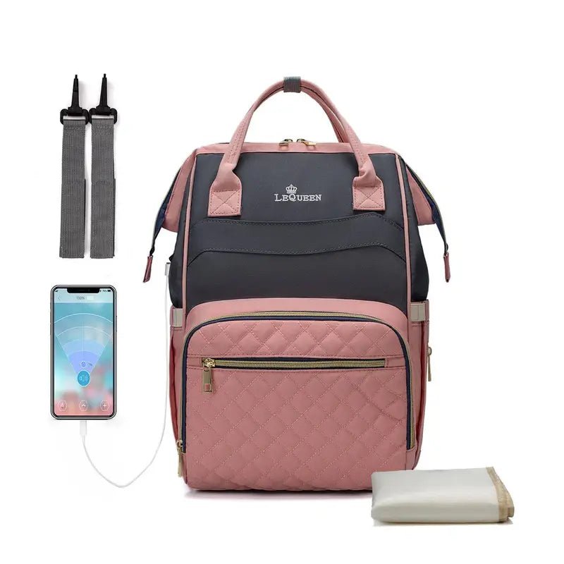Sac à dos à langer LeQueen rose et gris avec poche matelassée, porte-biberon, et port USB