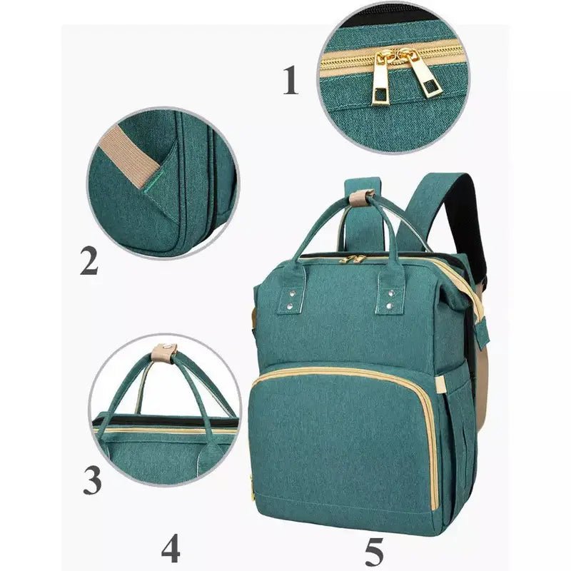 Sac à dos à langer lit en bleu teal avec accents beige et multiples compartiments