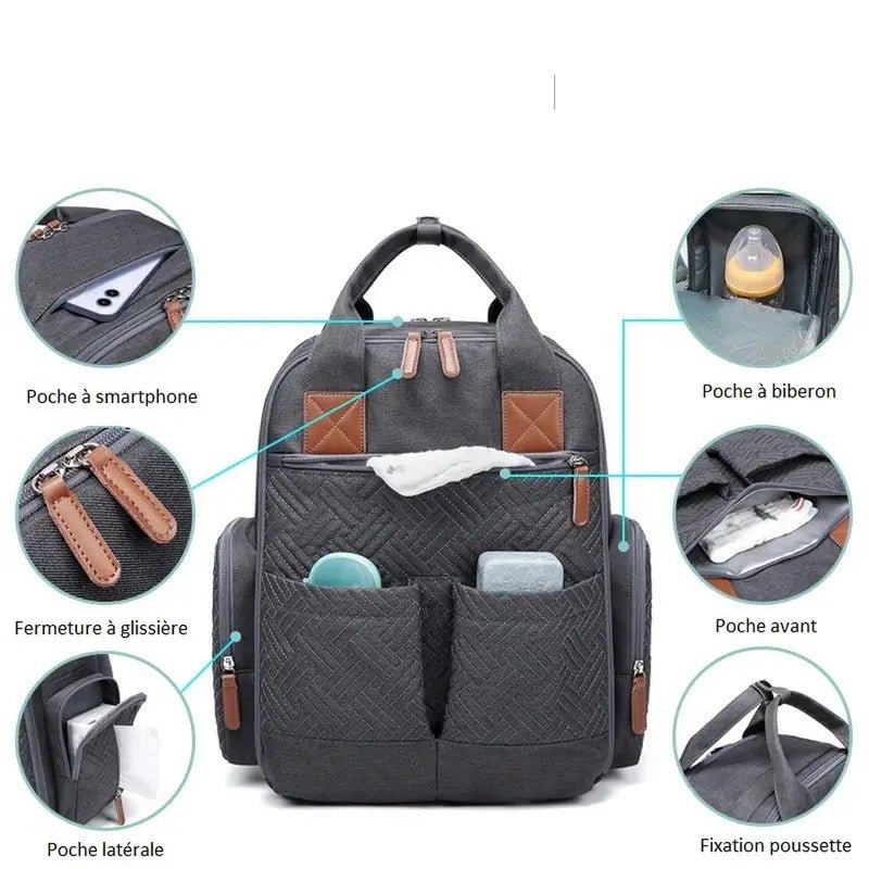 Sac à dos sac à langer gris multifonction avec plusieurs compartiments et fonctionnalités