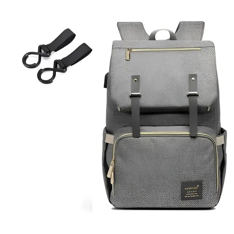 Sac à dos à langer Oxford gris avec deux sangles pour poussette, pratique et élégant