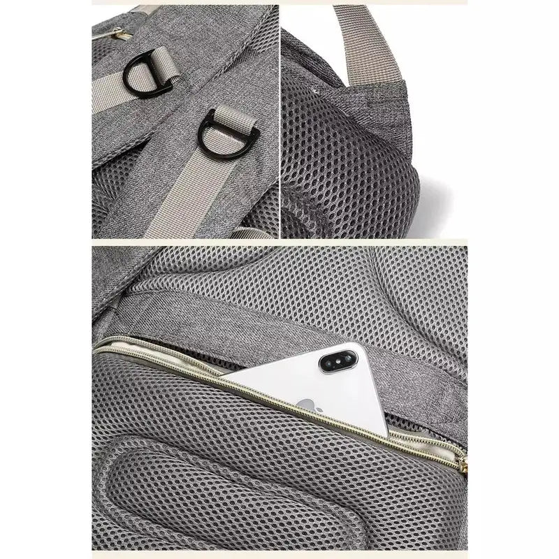 Sac à dos à langer Oxford gris avec dos en mesh rembourré et poche anti-vol pour téléphone